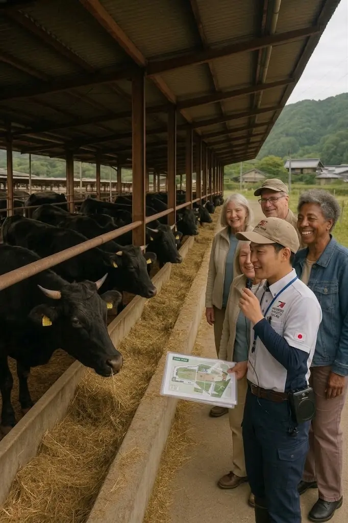 Guests learning about Wagyu cattle during a private farm visit in Hyogo