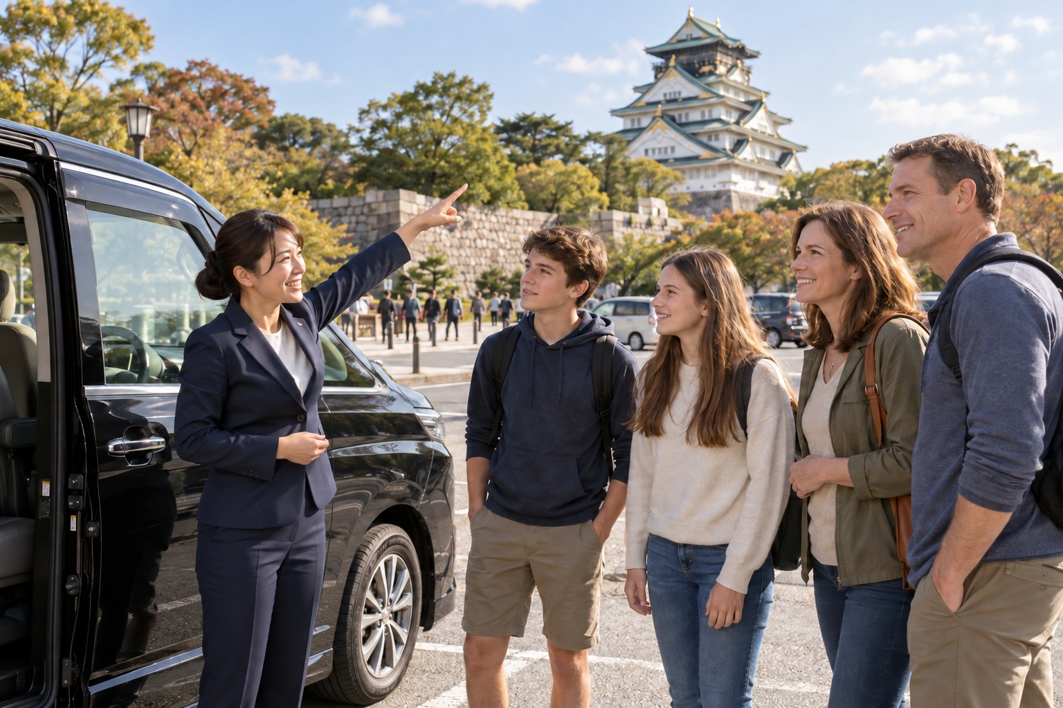 Illustration of a female driver pointing toward Osaka Castle for parents and their teenage son and daughter