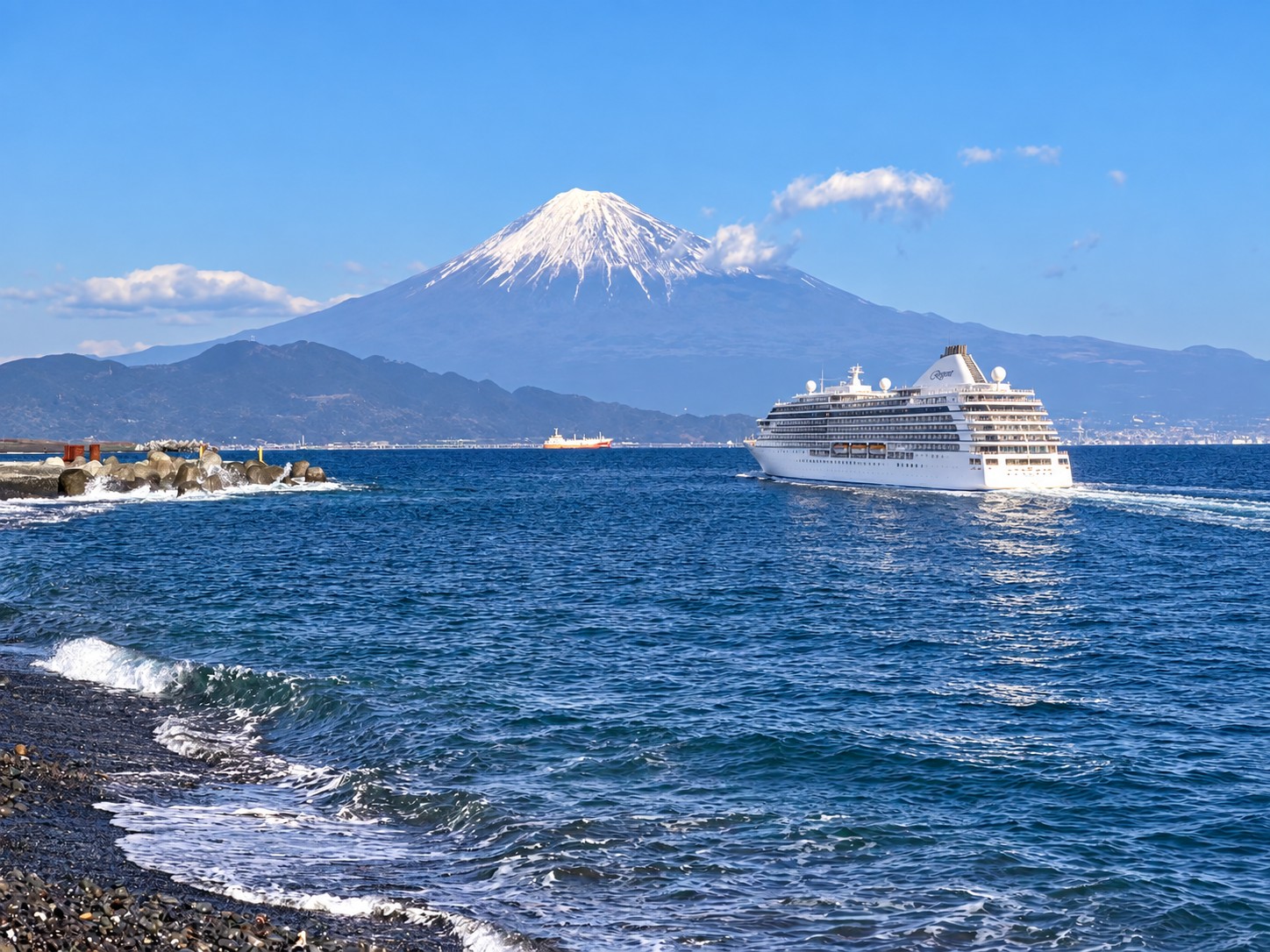 Cruise ship sailing toward Mount Fuji